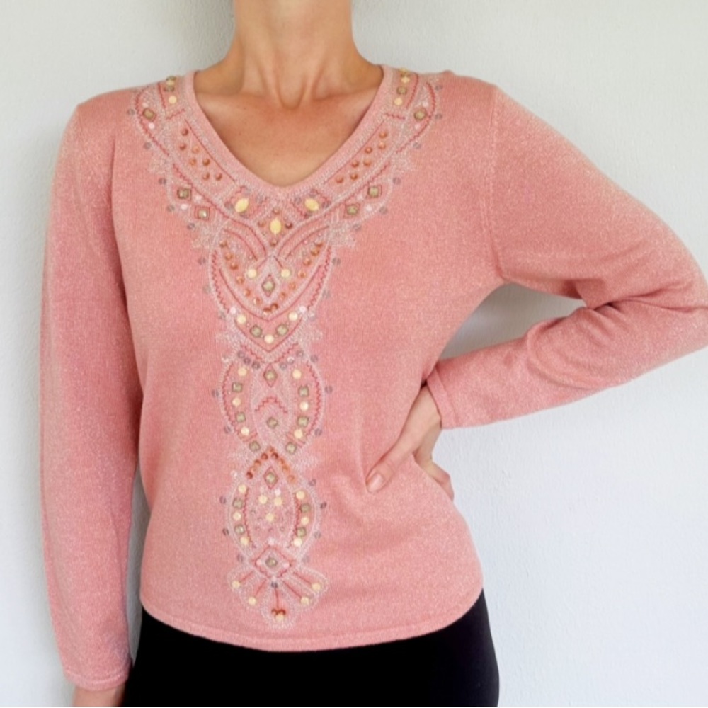 Alfred Dunner Petite blush pink embroidered beaded v-neck sweater size large